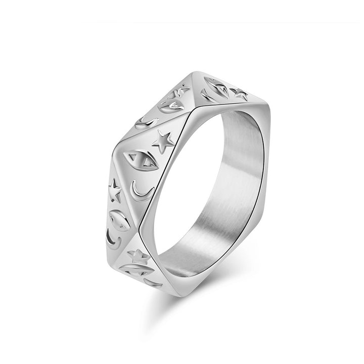 Polygonal 3D Sun Moon Star Embossed Ring, S925 Silver Gold / Silver / Black Trendy Unisex Band