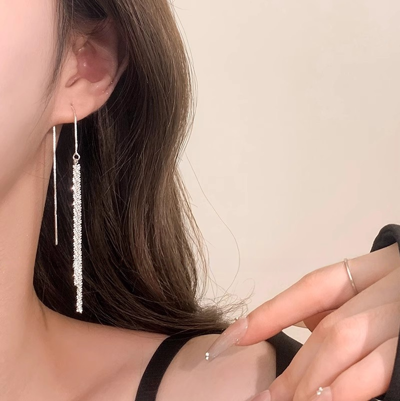 Double Sparkle diamond Tassel Long Drop Earrings (Delicate Luxury Silver Dangles)