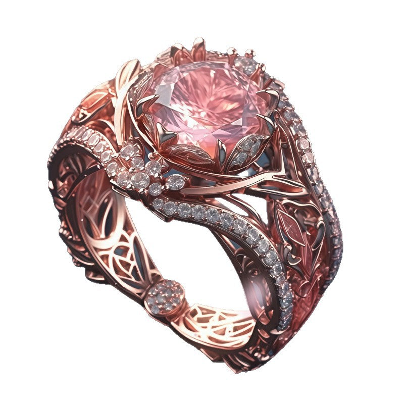 Rose Gold Lotus Pink Diamond Hollow Ring, S925 Silver Vintage Floral Luxury Women Ring