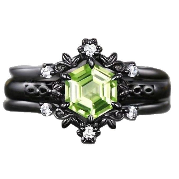 Black‑Tone Hexagonal Simulated Peridot Floral Ring Set