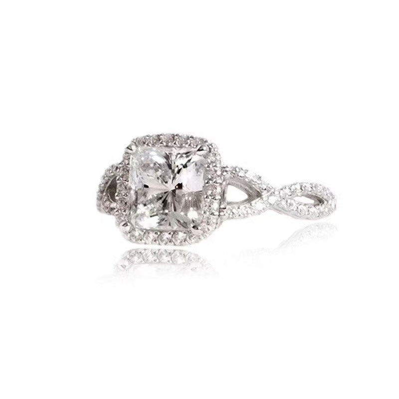 Square Center Diamond Halo Paved Ring, Luxury Twisted Split Shank Engagement Promise Ring for Women