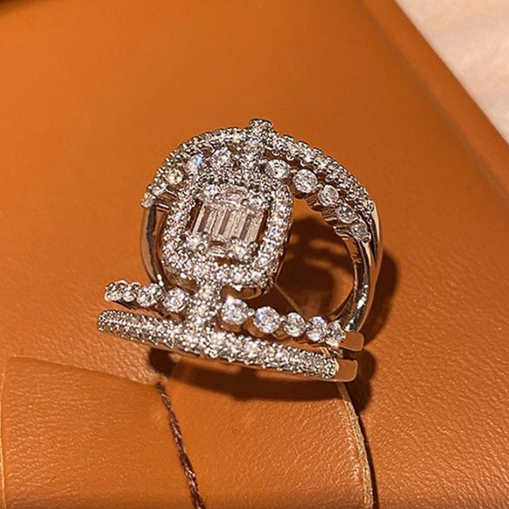 Luxury Double Layer Square Diamond Tassel Ring, European Heavy Paved Geometric Hollow Elegant Ring for Women