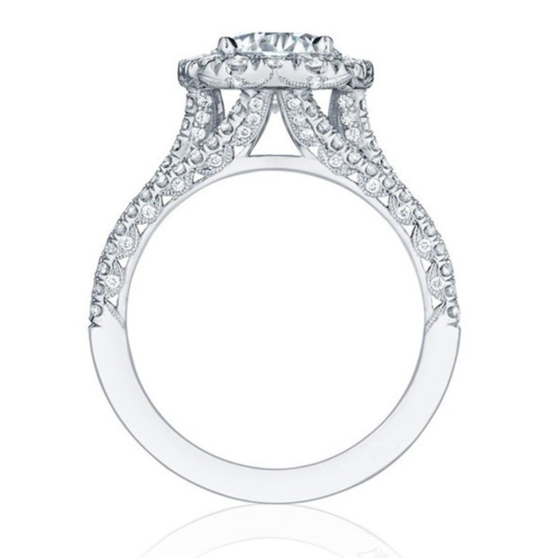Double Halo Round Diamond Triple Row Band Ring Set, Luxury Center Stone Full Paved Engagement Ring, Gold Silver Rose Gold Three Tones Available
