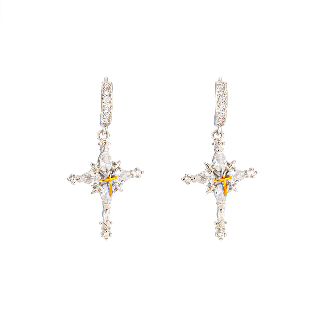 Two-Tone Four-Pointed Star Long Drop Hoop Earrings, Vintage Luxury Full Paved Diamond Star Dangle Earrings
