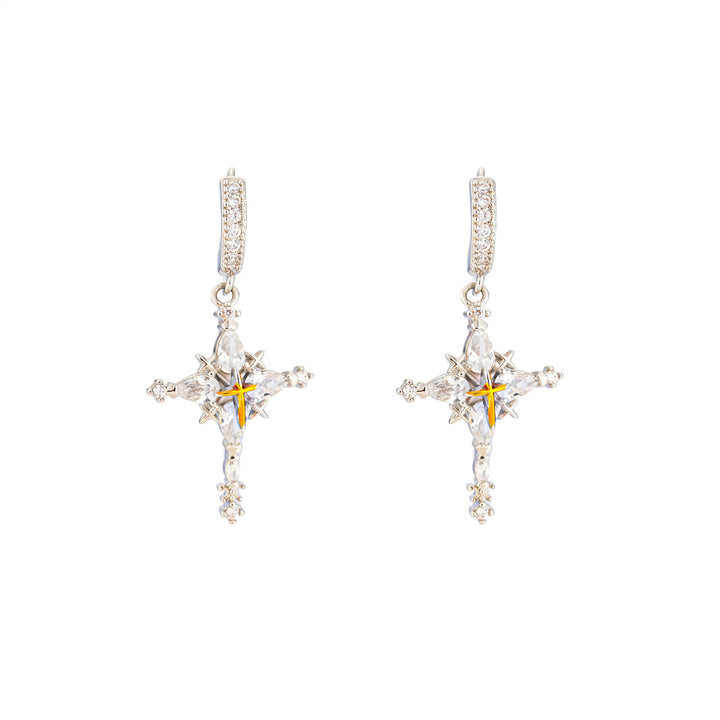 Two-Tone Four-Pointed Star Long Drop Hoop Earrings, Vintage Luxury Full Paved Diamond Star Dangle Earrings
