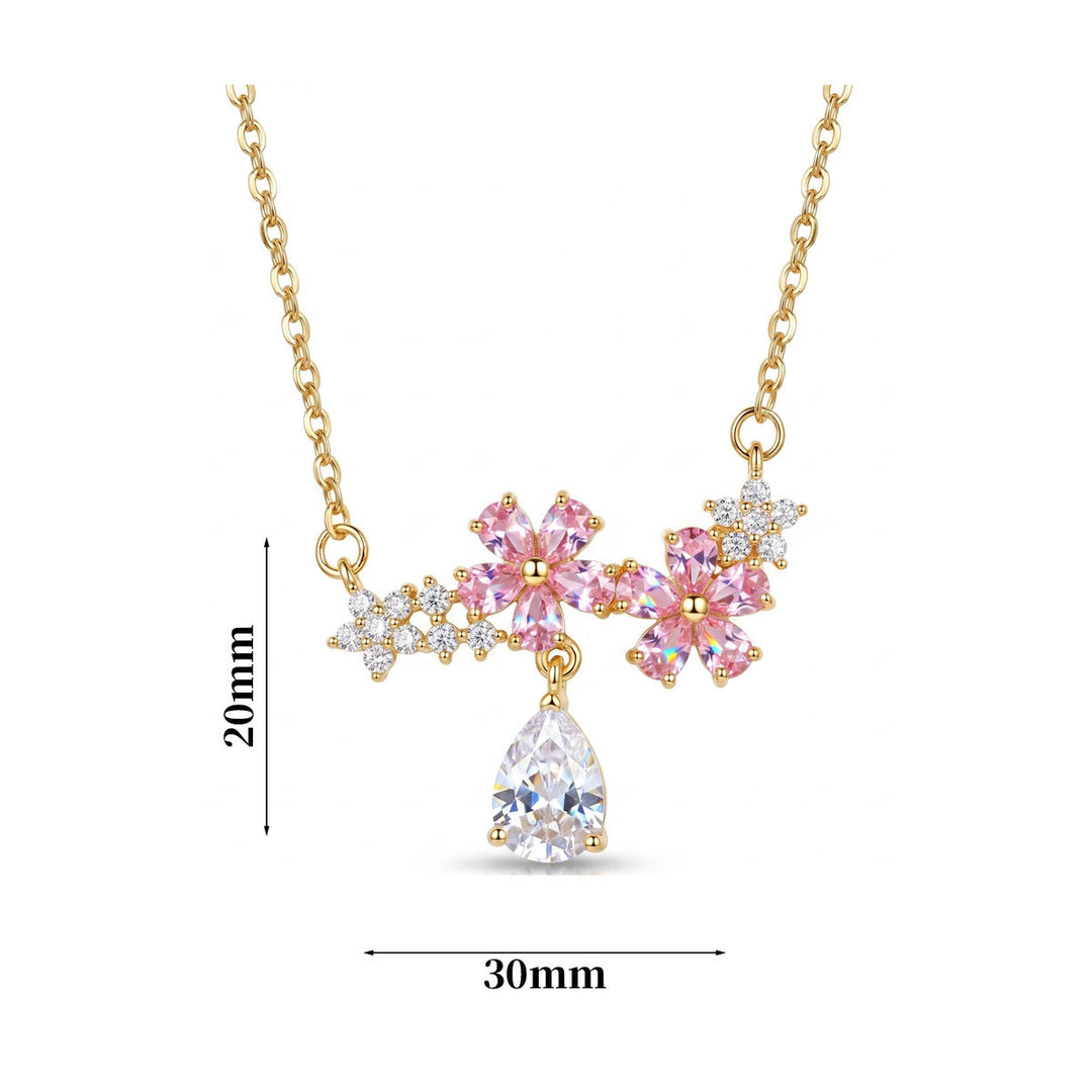 Pink Diamond Cherry Blossom Teardrop Clavicle Necklace, Dainty Floral Paved Stone Thin Chain