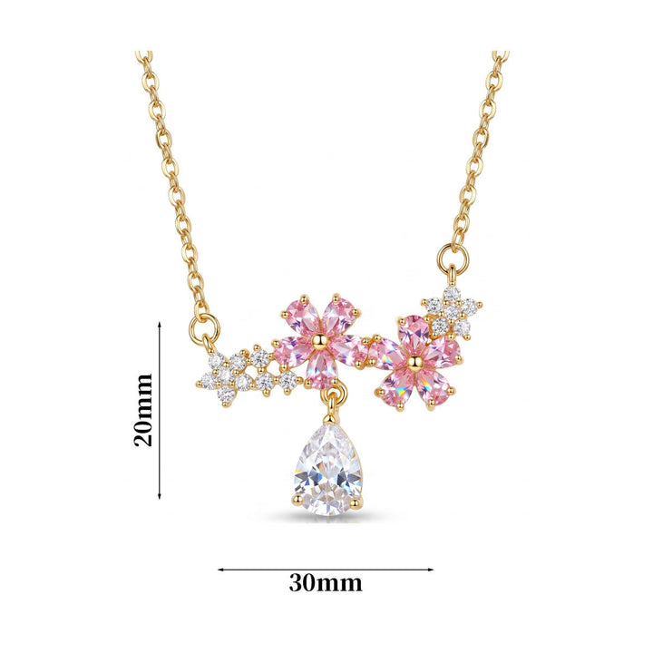 Pink Diamond Cherry Blossom Teardrop Clavicle Necklace, Dainty Floral Paved Stone Thin Chain