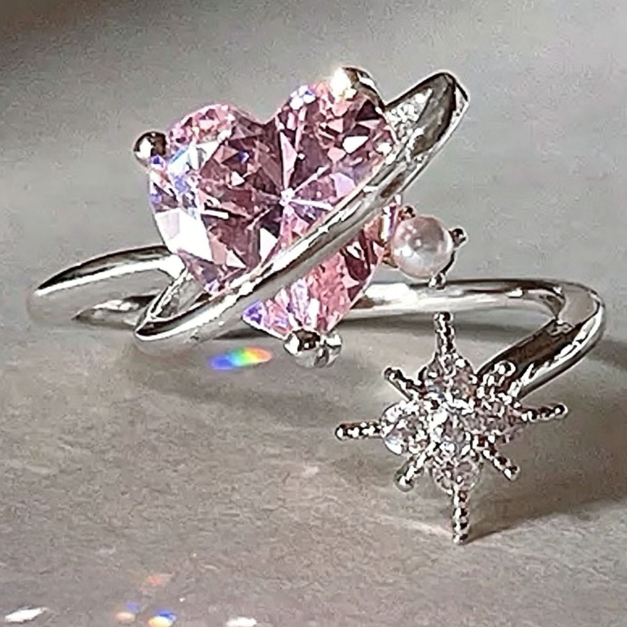 Planet‑Style Heart Pink Diamond Star Open Ring, Two‑Tone Options