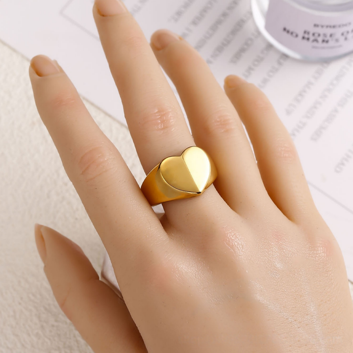 Polished Heart Signet S925 silver Ring, Silver & Gold Solid Heart Wide Band Ring