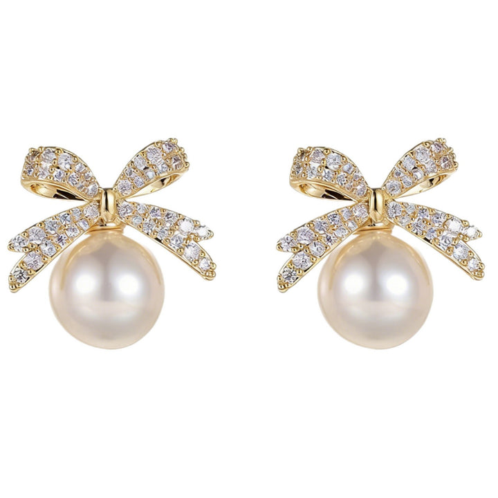 Pavé Diamond Bow Pearl S925 Silver Stud Earrings, Elegant Pearl Drop Jewelry