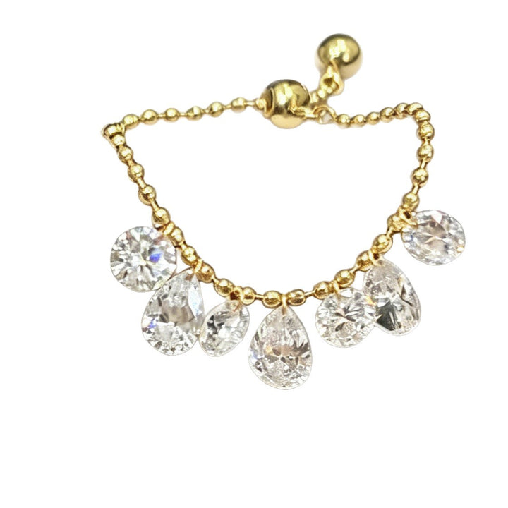 S925 Silver Pear & Round Diamond Chain Adjustable Ring, Tassel Diamond Flexible Slide Ring