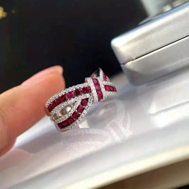 S925 Silver Interwoven Bow Color Gemstone Ring, Red & Blue Gem Pave‑Set Luxury Wide Band for Women