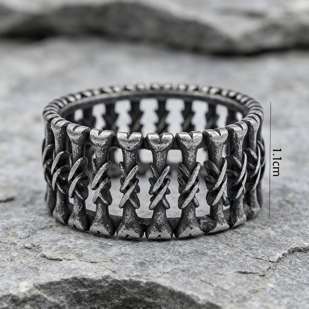 Antiqued Twisted Bone Hollow Wide Ring, S925 Silver Matte Black Dark Punk Unisex Band