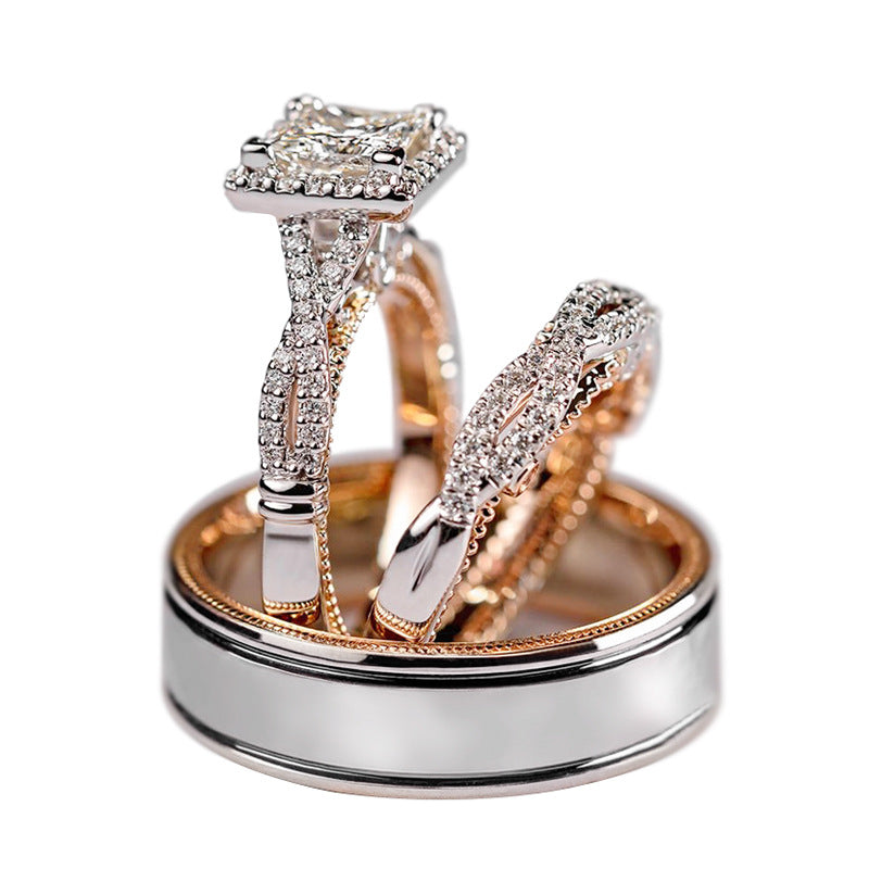 Princess Cut Twisted Paved Three-Piece Wedding Ring Set, Gold Silver Rose Gold Luxury Engagement Matching Ring Set