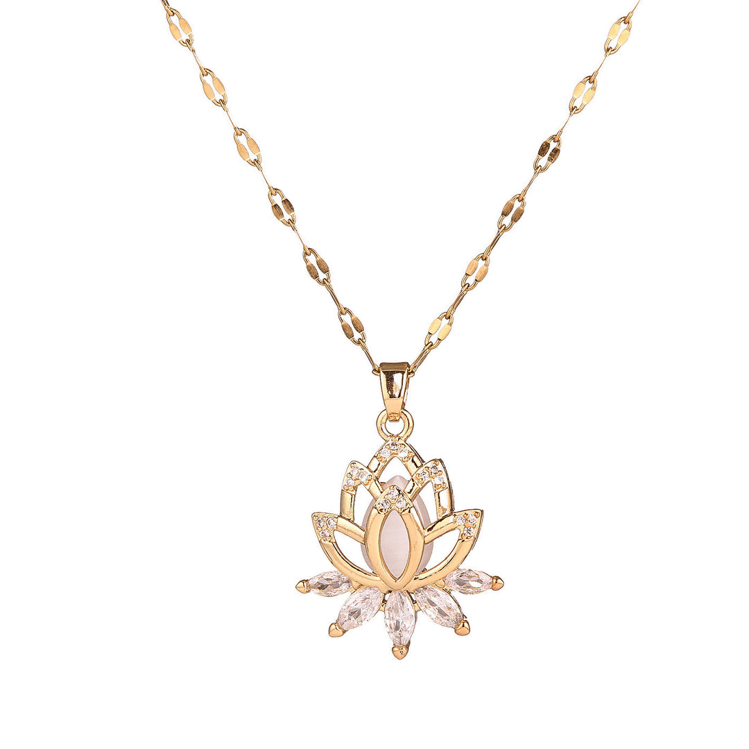 Hollow Lotus Pink Cat's Eye Diamond Collarbone Necklace, 14K Gold Plated Shimmer Fish Scale Dainty Floral Necklace