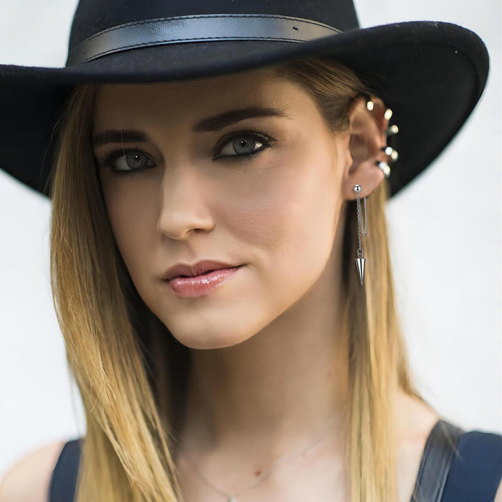 Double Chain Cone Spike Long Stud Earrings, Punk Taper Tassel Jewelry Gold Silver Black S925 Silver Dangles