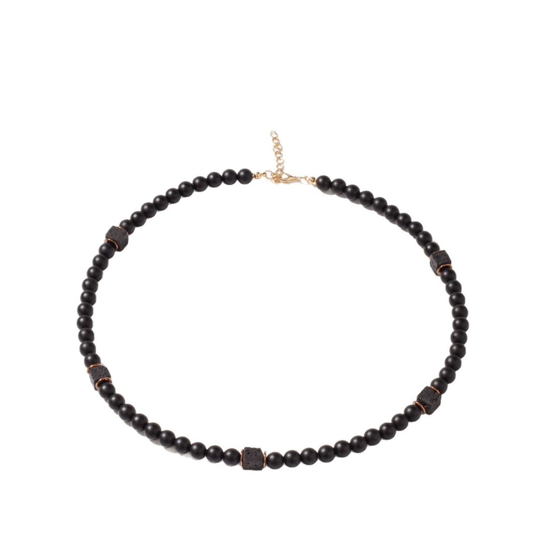 Matte Black Lava Stone Men Bracelet & Necklace Set, Vintage Frosted Beads Neutral Adjustable Jewelry Set