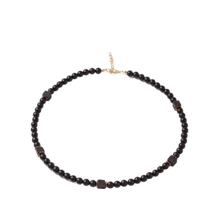 Matte Black Lava Stone Men Bracelet & Necklace Set, Vintage Frosted Beads Neutral Adjustable Jewelry Set