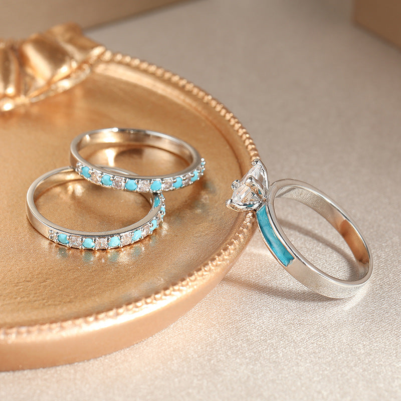 Princess Cut Diamond Turquoise 3-Piece Ring Set, Fresh Blue Stackable Rings, Luxury Women Stacking Band Set