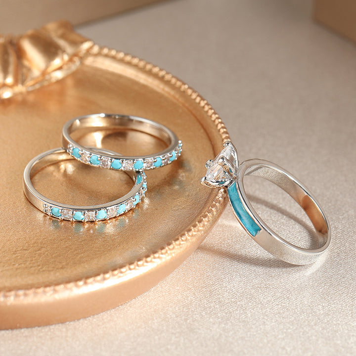 Princess Cut Diamond Turquoise 3-Piece Ring Set, Fresh Blue Stackable Rings, Luxury Women Stacking Band Set