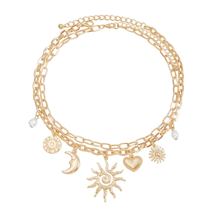 Vintage Sun Moon Star Heart Pearl Double Layer Bracelet, Boho Sun & Moon Charm Gold Bracelet