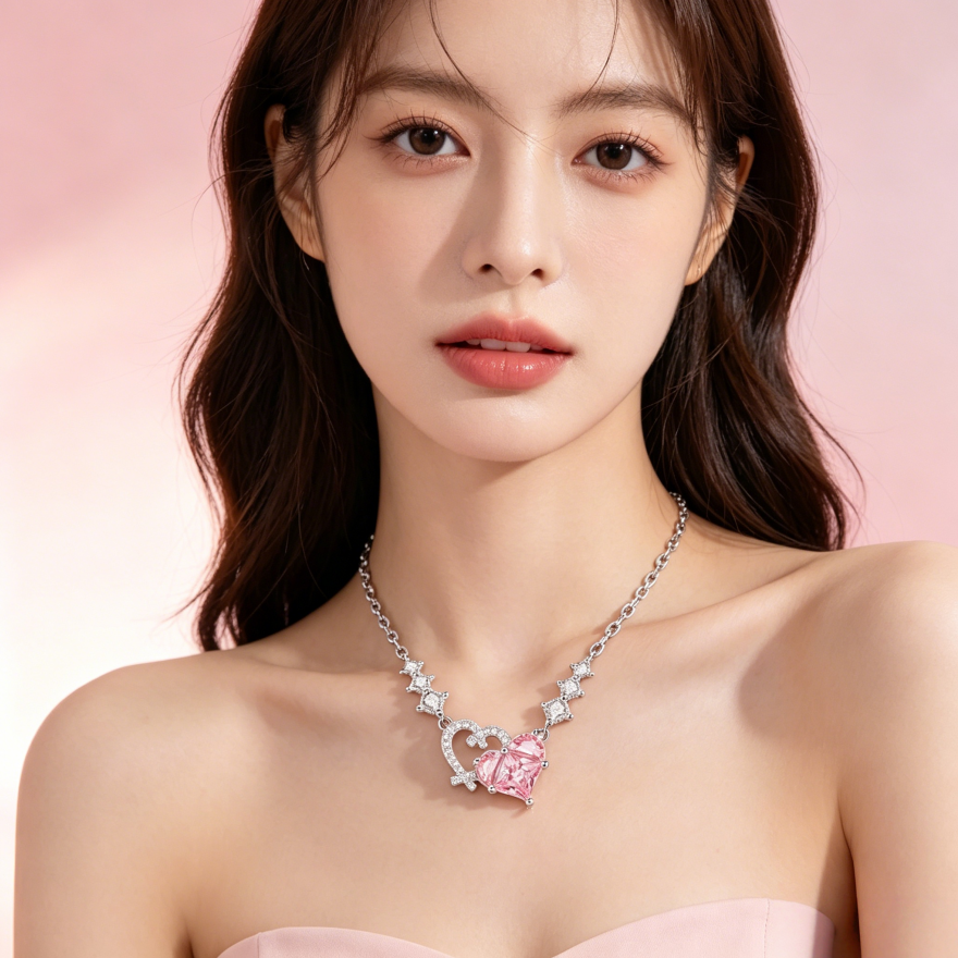 Pink Diamond Heart & Arrow Pendant Necklace (Silver Luxury Women's Chain)
