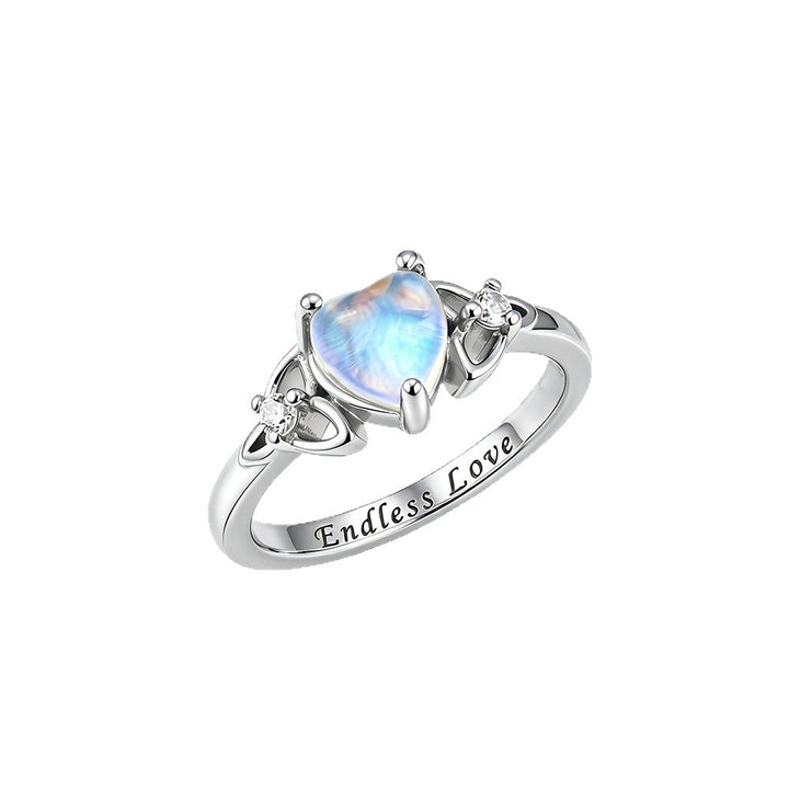 S925 Silver Heart‑Shaped Moonstone Engraved Ring, Celtic Knot Romantic Statement Ring for Women