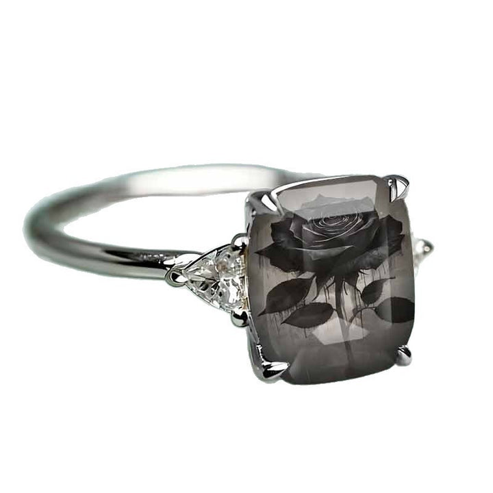 Rectangle‑Shape Black Rose Printed Ring, Two‑Tone Options