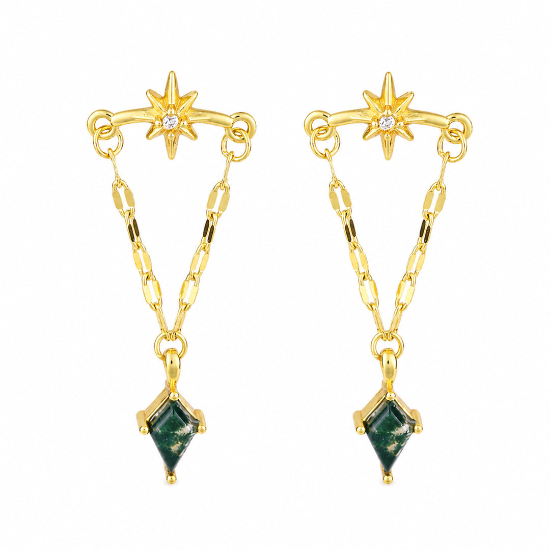 Eight‑Pointed Star Chain Dangle Earrings, S925 Silver Long Drop Earrings With Rhombus Green Gemstone