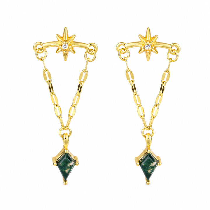 Eight‑Pointed Star Chain Dangle Earrings, S925 Silver Long Drop Earrings With Rhombus Green Gemstone
