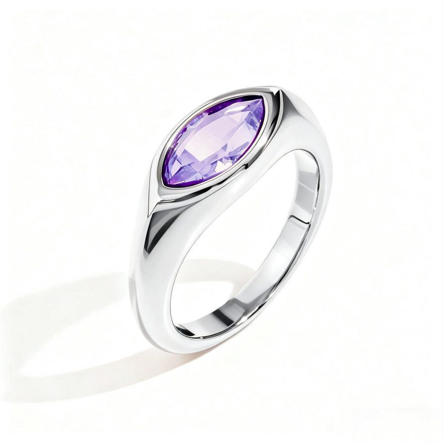 Marquise‑Cut Colored Gemstone Bezel‑Set Wide‑Band Gold‑Plated S925 Sterling Silver Ring, Multi‑Colors Available