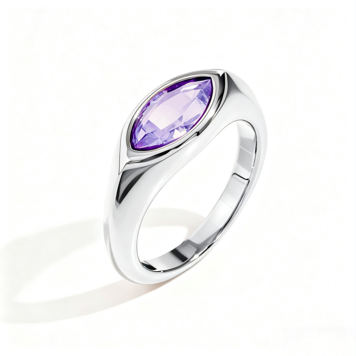 Marquise‑Cut Colored Gemstone Bezel‑Set Wide‑Band Gold‑Plated S925 Sterling Silver Ring, Multi‑Colors Available