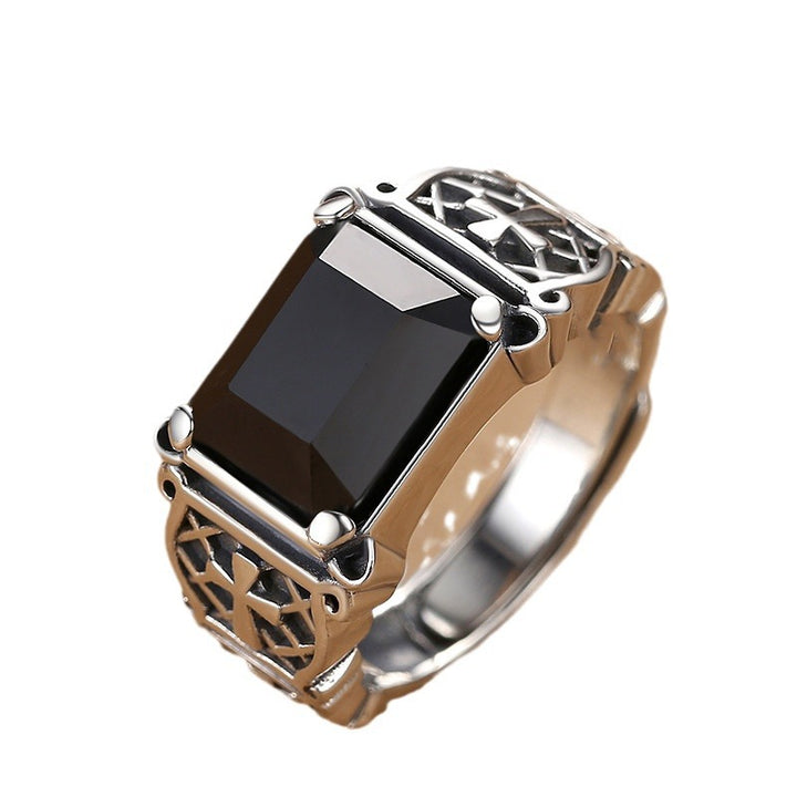 Vintage Rectangular Black Gem Cross Hollow‑Out Men's Ring