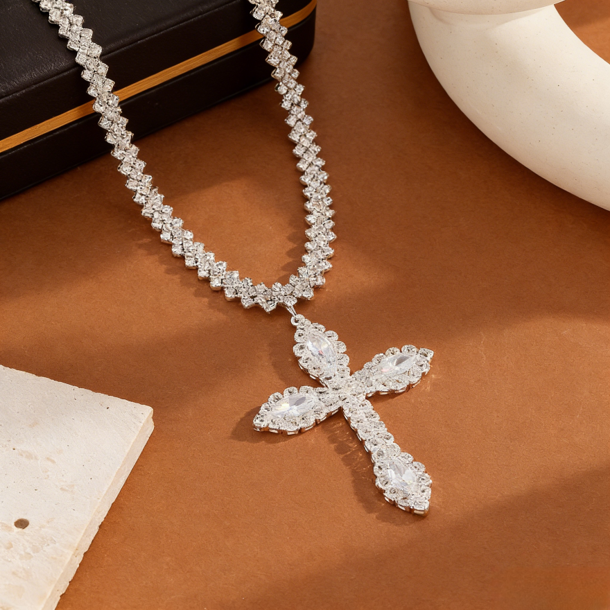 Full-Pavé Cross Pendant V-Shape Tennis Chain Necklace (Silver Tone Evening Jewelry)