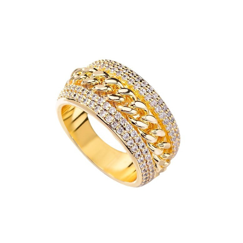 Curb Chain Center Pave Diamond Wide Band Ring, Gold & Silver And Rose Gold Tone Heavy Luxury Chain Crystal Ring