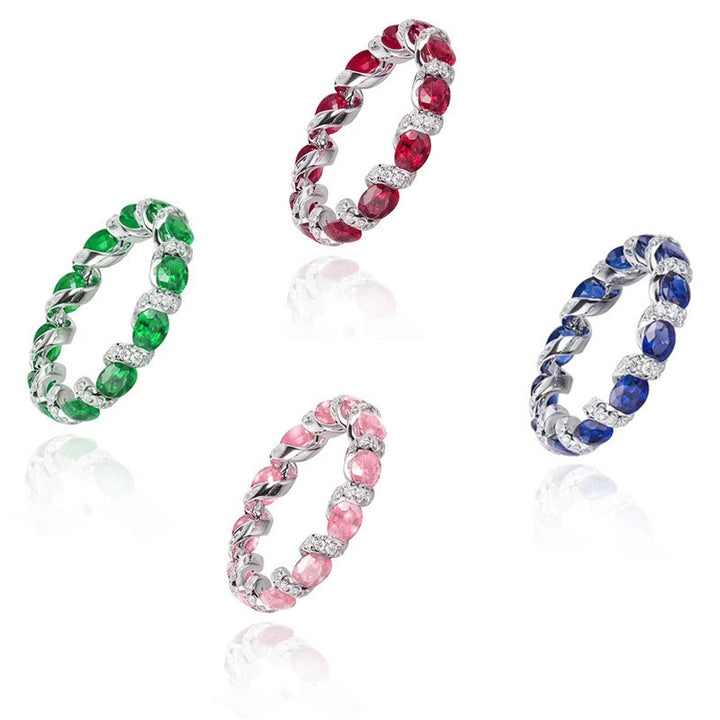 Oval Gemstone & Diamond Eternity Band Set (4-Color Stackable Luxury Ring)