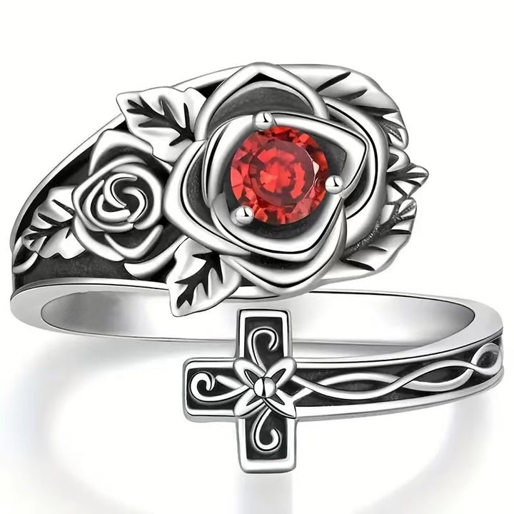 Vintage Red Diamond Rose Cross Double Stacked Ring Set, S925 Silver Antiqued Gothic Floral Separable Band Set