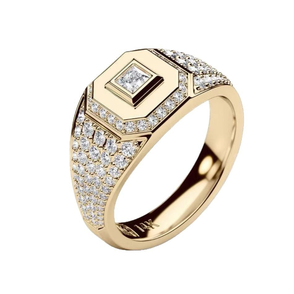 Square‑Cut Center Stone Pavé Wide‑Band S925 Sterling Silver Gold‑Tone Men's Ring