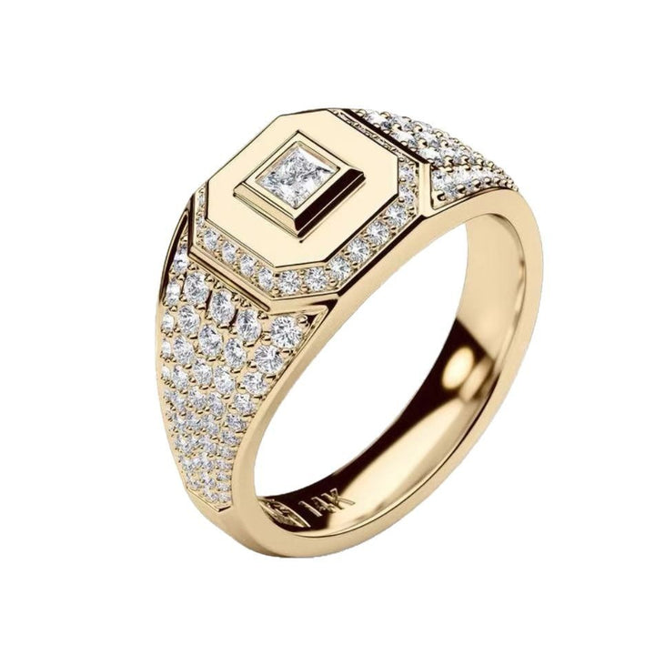 Square‑Cut Center Stone Pavé Wide‑Band S925 Sterling Silver Gold‑Tone Men's Ring