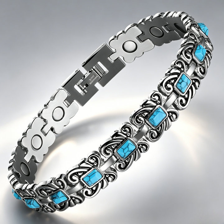 Vintage Carved Turquoise Titanium Steel Bracelet, 2-Tone Ethnic Link Bangle for Men