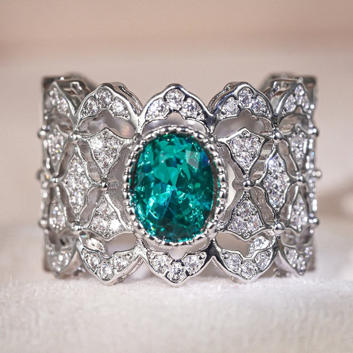 Vintage Lace Filigree Emerald Diamond Wide Band Ring (Delicate Luxury Statement Ring)
