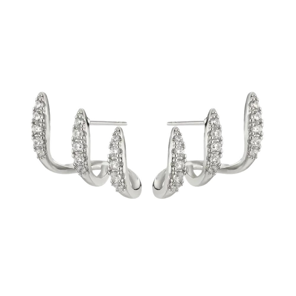 Three‑Row Curved Full‑Paved S925 Silver Stud Earrings, Multi‑Layer C‑Shape Wrap Earrings, Silver & Gold Two‑Tone