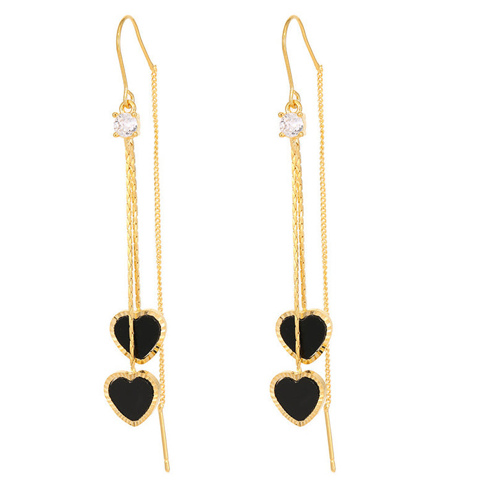 Double Black Heart Tassel Threader Earrings (Luxury Sweet & Edgy Earrings)