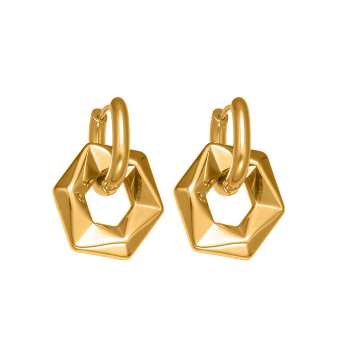 Faceted Geometric S925 Silver Huggie Earrings, Gold & Silver Two Tones Detachable Hexagon Drop Earrings