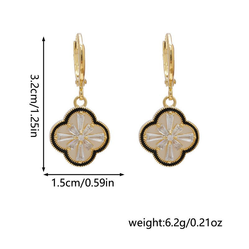 Vintage Enamel Clover Pave Diamond Hoop Earrings, Light Luxury Double Layer Shell Drop Dangles
