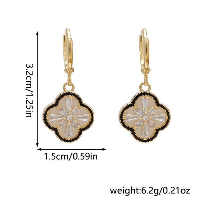 Vintage Enamel Clover Pave Diamond Hoop Earrings, Light Luxury Double Layer Shell Drop Dangles