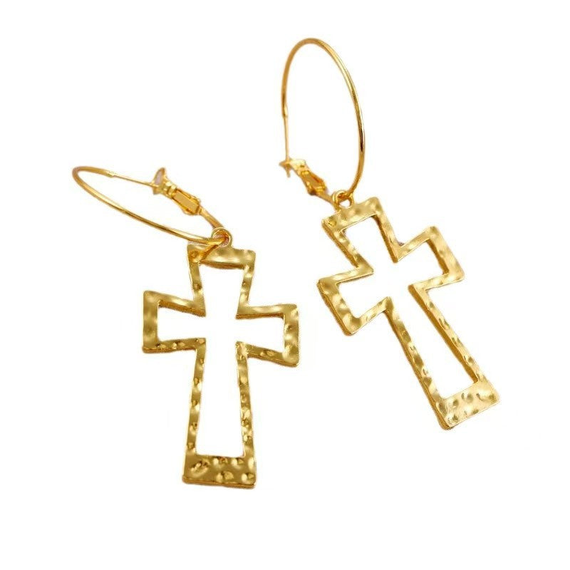 Hammered Hollow Cross Hoop Earrings, Vintage Textured Cross Charm Thin Click Hoops, Gold & Silver Punk Street Jewelry for Women