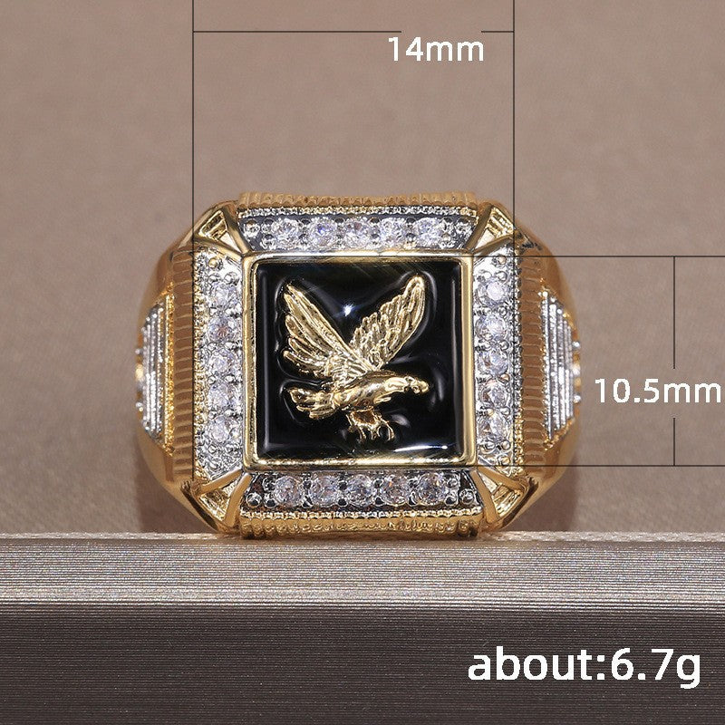 Black Enamel Eagle Embossed Square Men Signet Ring, Luxury Paved Diamond Wide Vintage Business Statement Band