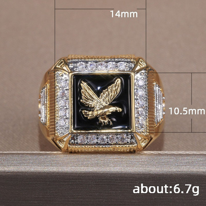 Black Enamel Eagle Embossed Square Men Signet Ring, Luxury Paved Diamond Wide Vintage Business Statement Band