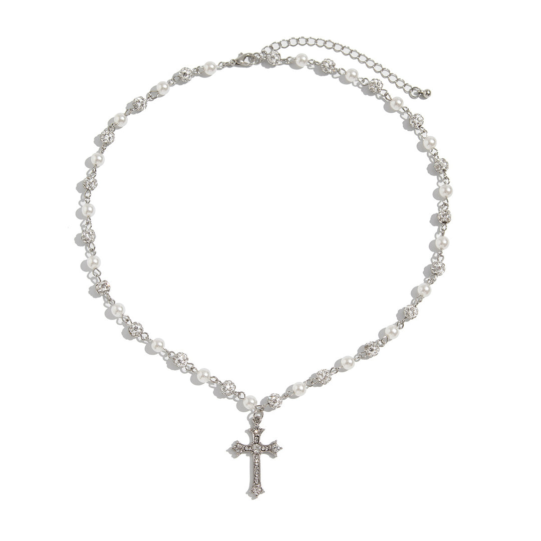 Pearl & Diamond Cross Pendant Necklace (Y2K Edgy Choker)